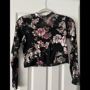 Charlotte Russe S sheer top.  Black w metallic colored floral detail